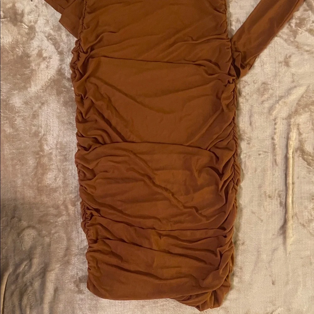 Elegant Brown Long Sleeve sheer scrunched Dress - Picture 4 of 6
